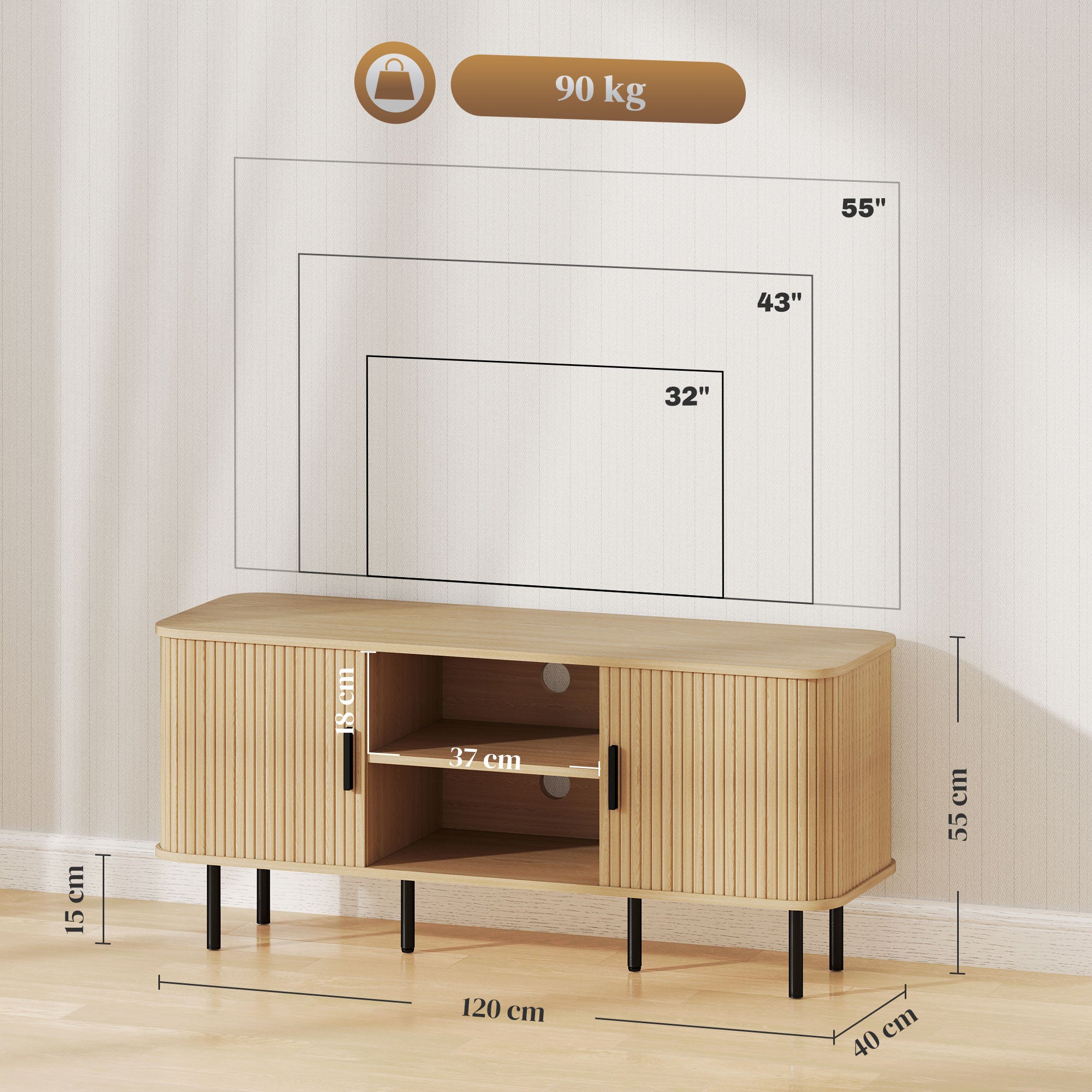 Vintage TV Stand Living Room TV Cabinet with 2 Sliding Drum Doors 2 Open Shelves TV Stand for 55-Inch TVs 120x40x55 cm Oak