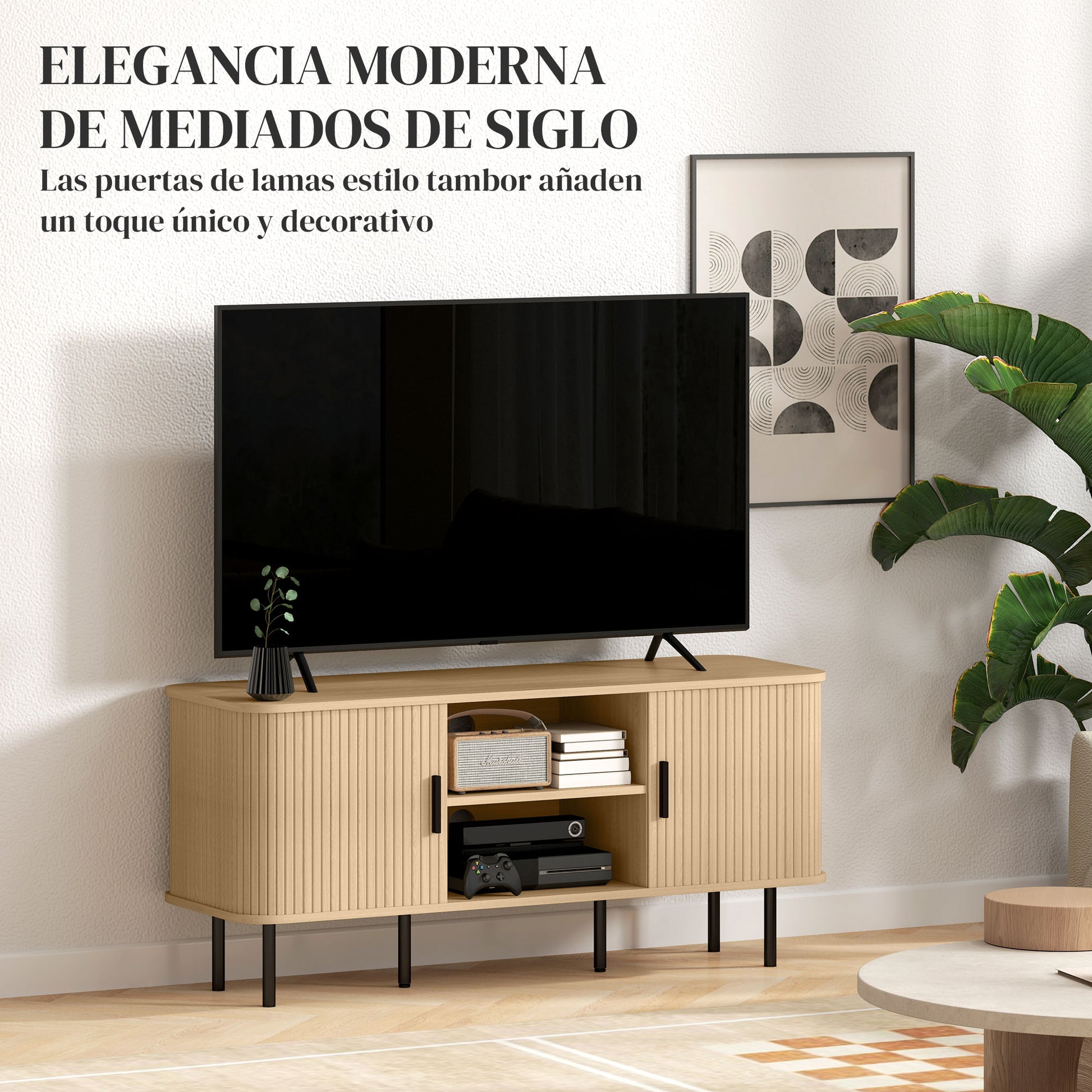 Vintage TV Stand Living Room TV Cabinet with 2 Sliding Drum Doors 2 Open Shelves TV Stand for 55-Inch TVs 120x40x55 cm Oak