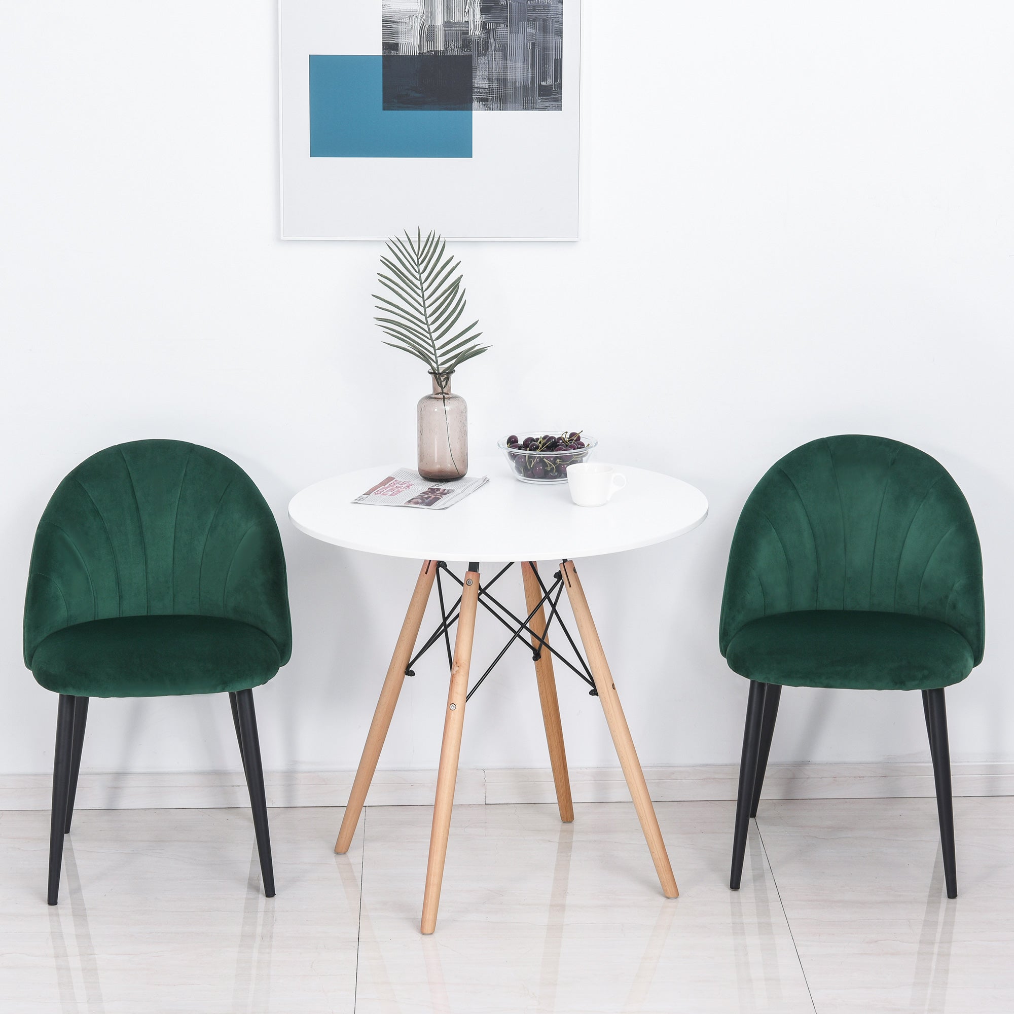 Dining Chairs Set of 2 Kitchen Chair with Shell-shaped Backrest, Velvet Look, Armchair Padded Seat with Footrest, Chairs, Living Room Chair with Steel Legs for Dining Table, Green