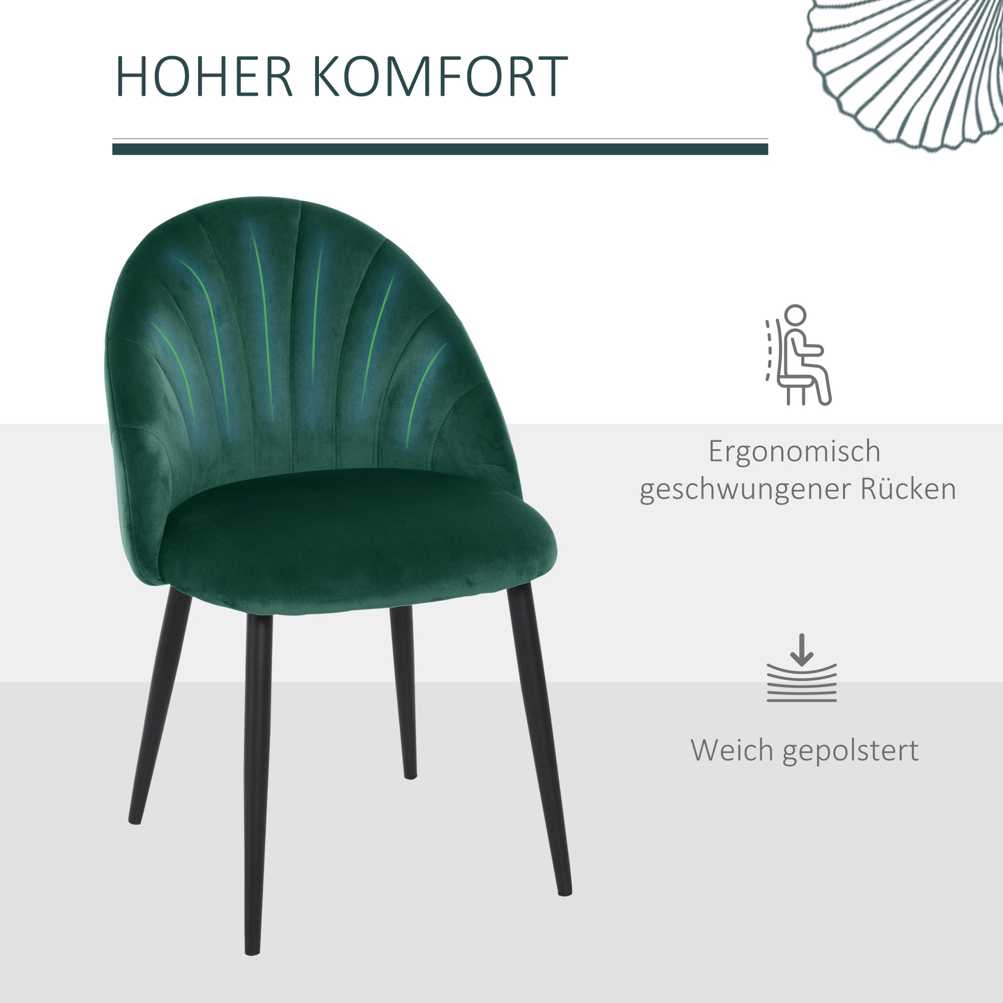Dining Chairs Set of 2 Kitchen Chair with Shell-shaped Backrest, Velvet Look, Armchair Padded Seat with Footrest, Chairs, Living Room Chair with Steel Legs for Dining Table, Green