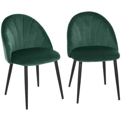 Dining Chairs Set of 2 Kitchen Chair with Shell-shaped Backrest, Velvet Look, Armchair Padded Seat with Footrest, Chairs, Living Room Chair with Steel Legs for Dining Table, Green