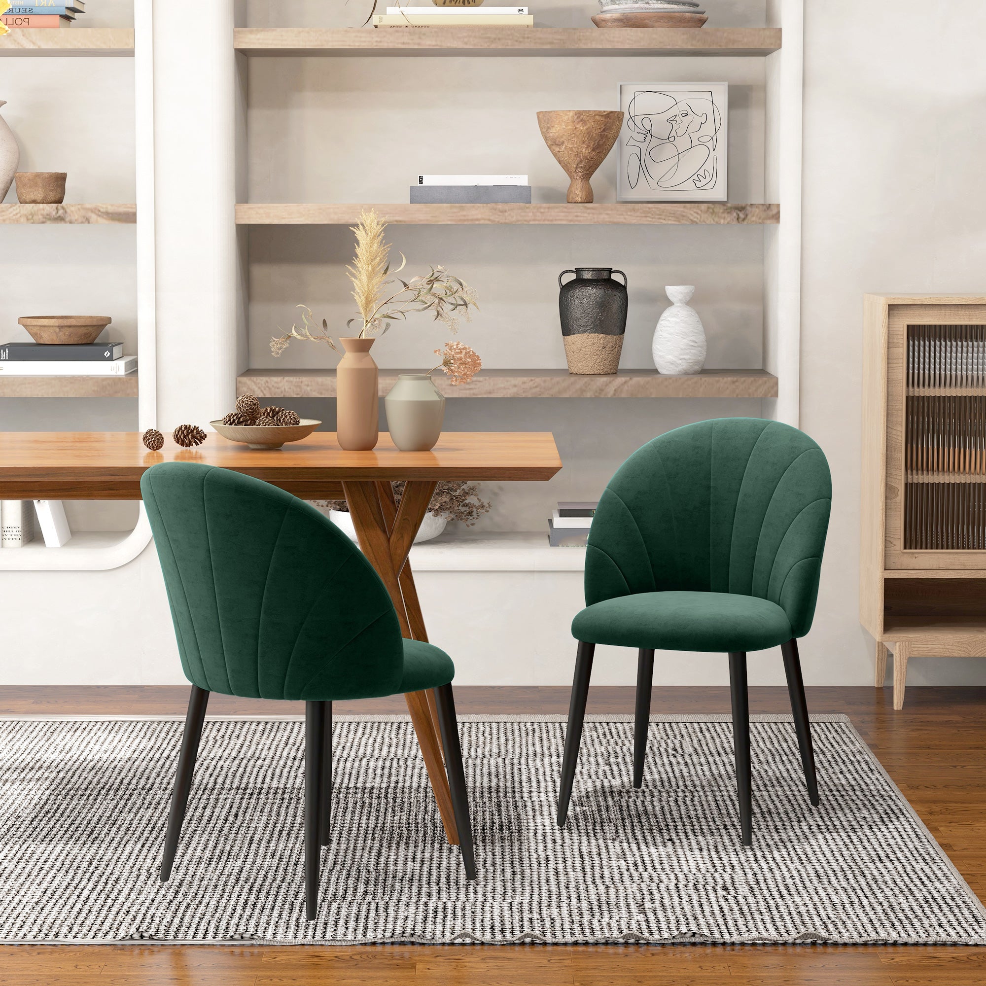 Dining Chairs Set of 2 Kitchen Chair with Shell-shaped Backrest, Velvet Look, Armchair Padded Seat with Footrest, Chairs, Living Room Chair with Steel Legs for Dining Table, Green