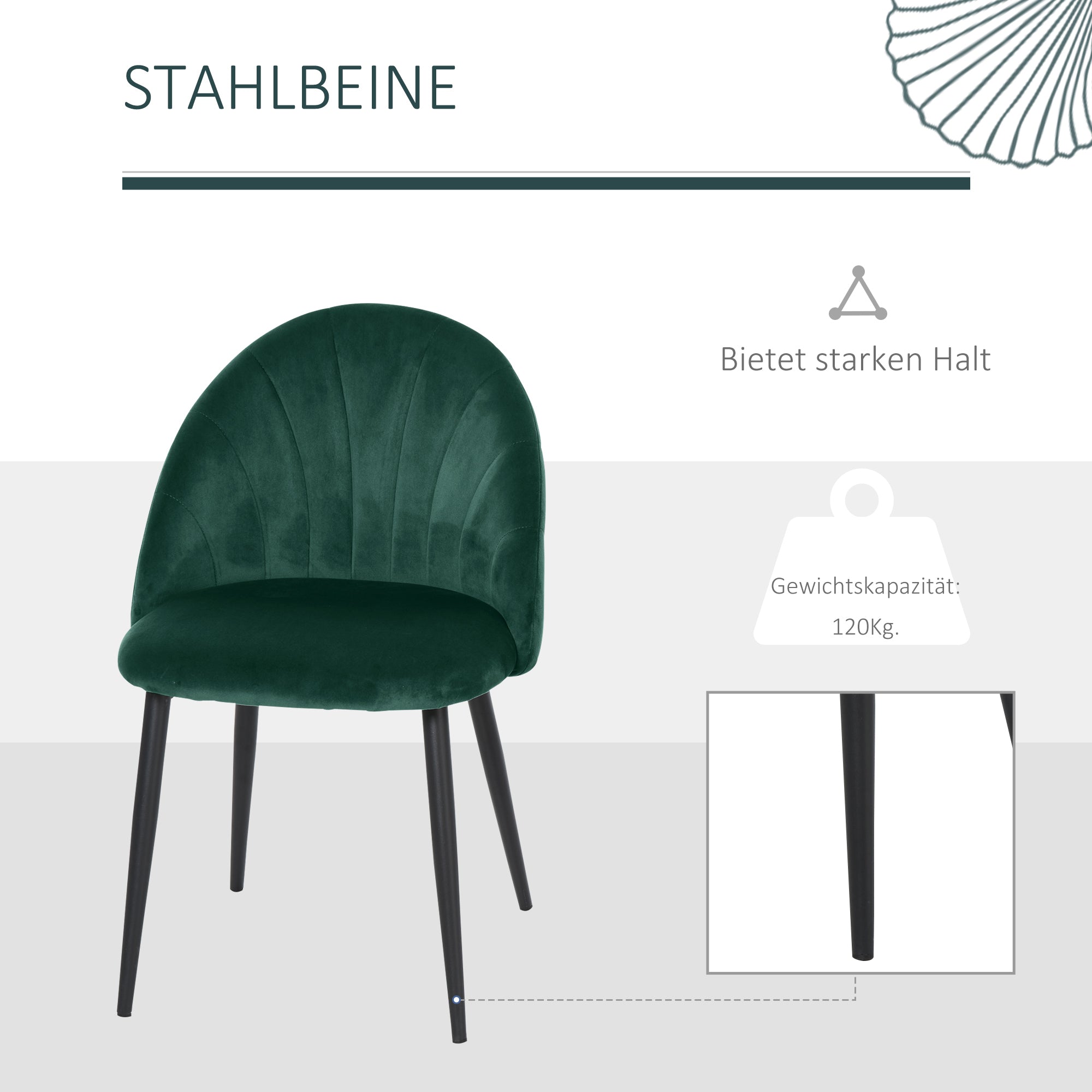 Dining Chairs Set of 2 Kitchen Chair with Shell-shaped Backrest, Velvet Look, Armchair Padded Seat with Footrest, Chairs, Living Room Chair with Steel Legs for Dining Table, Green