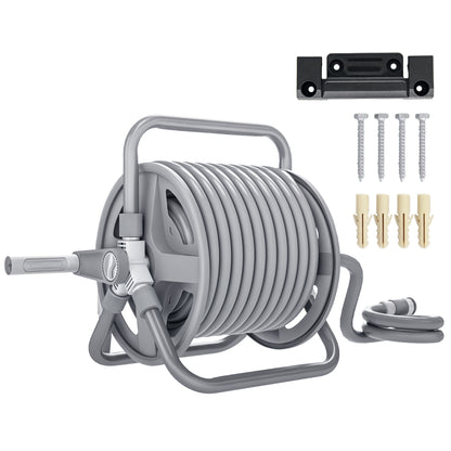 Hose Reel with 20m Hose and 2m Inlet, Adjustable 2-in-1 Spray Nozzle, Wall-Mounted or Free-Standing