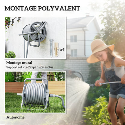 Hose Reel with 20m Hose and 2m Inlet, Adjustable 2-in-1 Spray Nozzle, Wall-Mounted or Free-Standing