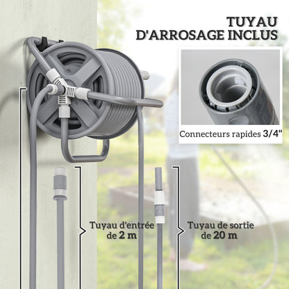 Hose Reel with 20m Hose and 2m Inlet, Adjustable 2-in-1 Spray Nozzle, Wall-Mounted or Free-Standing