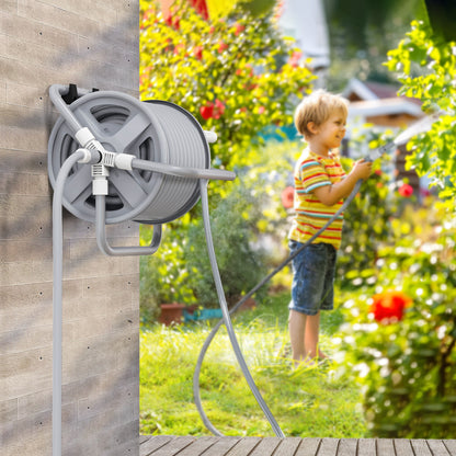 Hose Reel with 20m Hose and 2m Inlet, Adjustable 2-in-1 Spray Nozzle, Wall-Mounted or Free-Standing