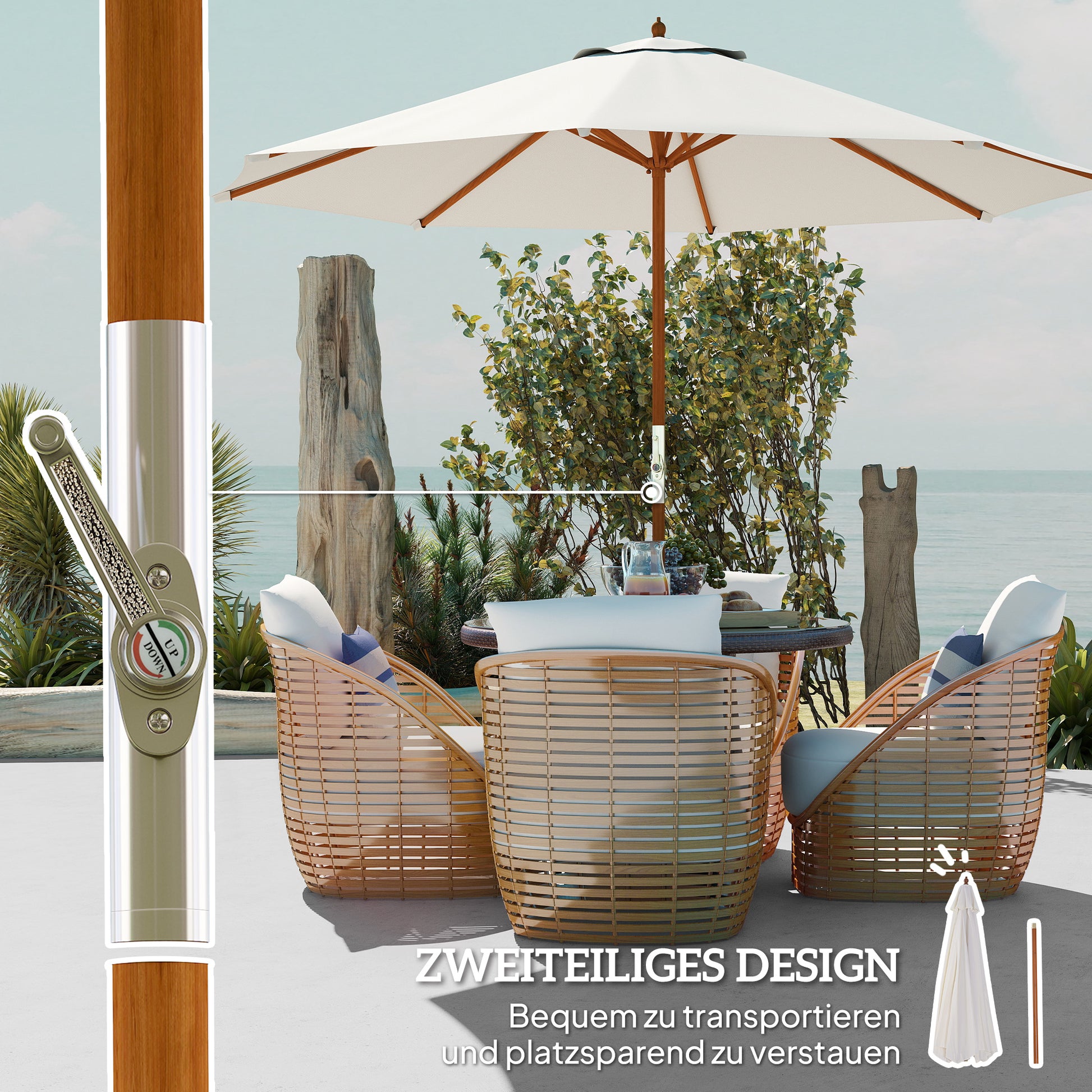 Wooden Sun Umbrella Wooden Umbrella Garden Umbrella Balcony Umbrella 2.5m Cream