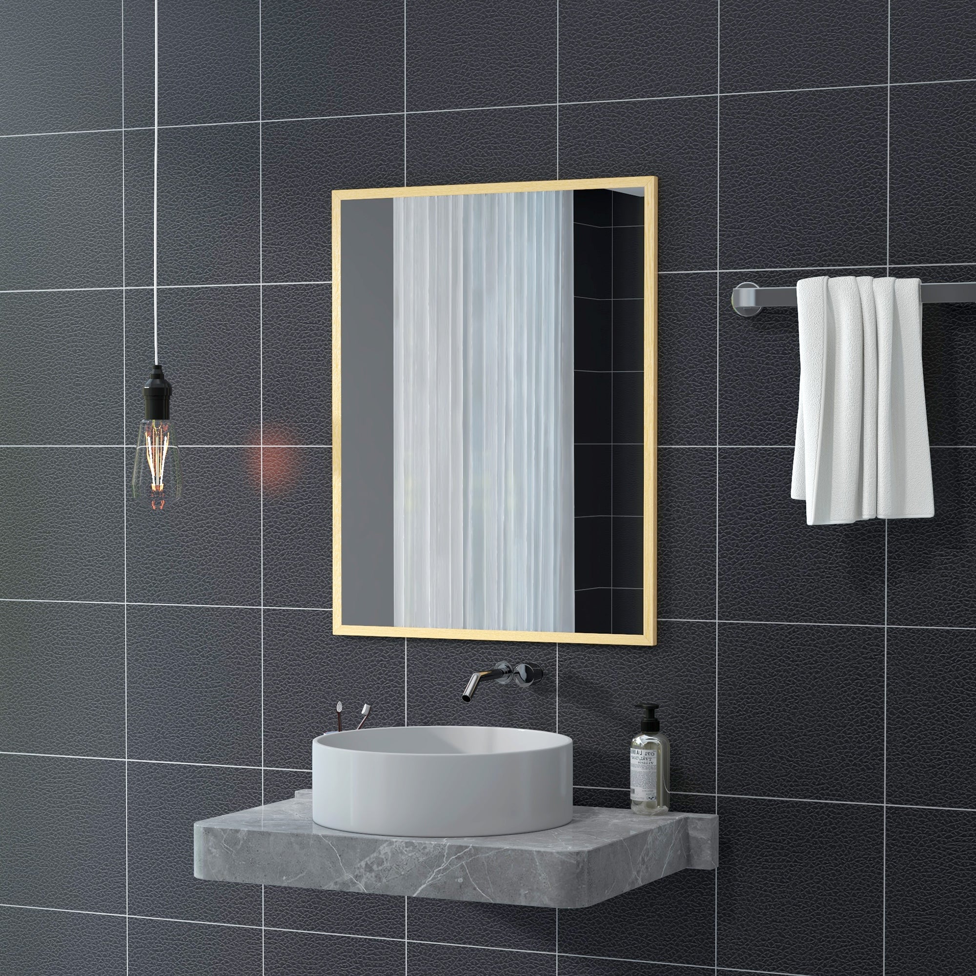 Rectangular Wall Mirror 90 x 70 cm, wooden frame, ideal for bathroom, living room, or bedroom, natural