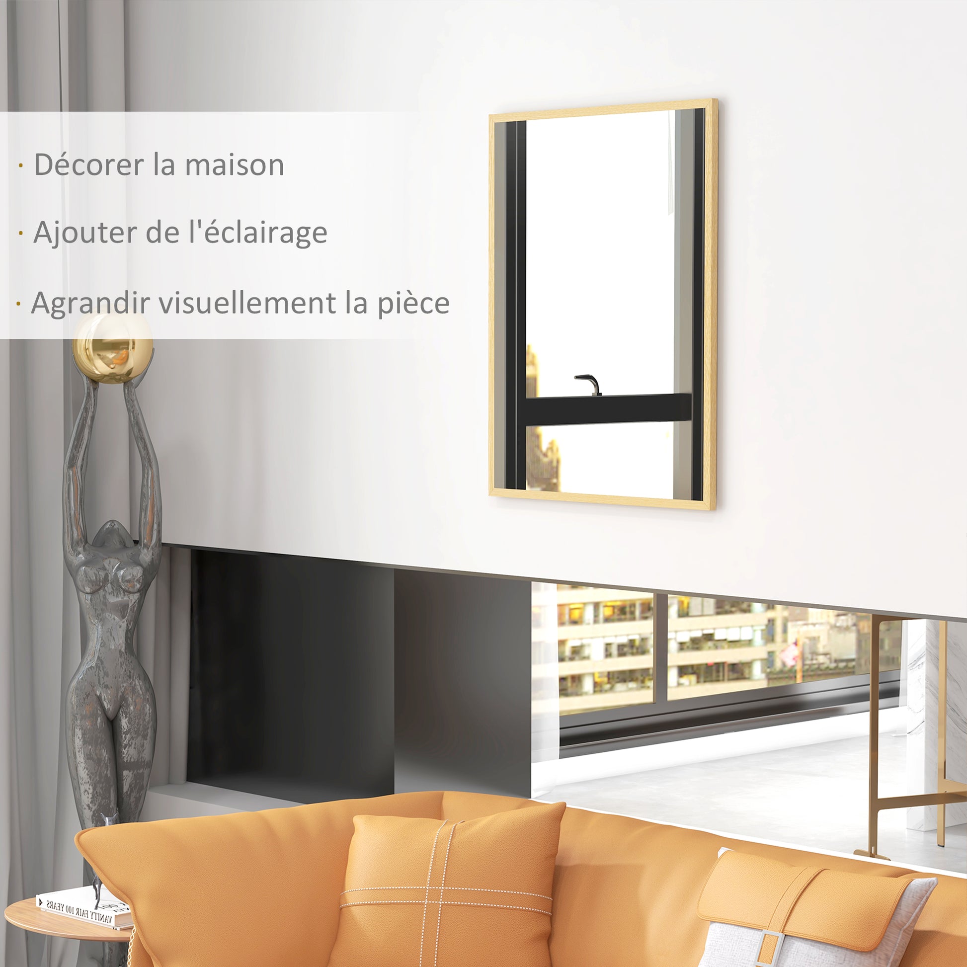 Rectangular Wall Mirror 90 x 70 cm, wooden frame, ideal for bathroom, living room, or bedroom, natural