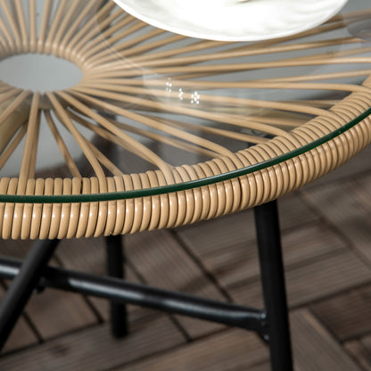Side Table made of PE Rattan Round Coffee Table with Glass Tabletop Tray Garden Table Patio Furniture Coffee Table Sofa Table Bistro Table for Garden Terrace Balcony, 50 x 50 x 50 cm, Beige