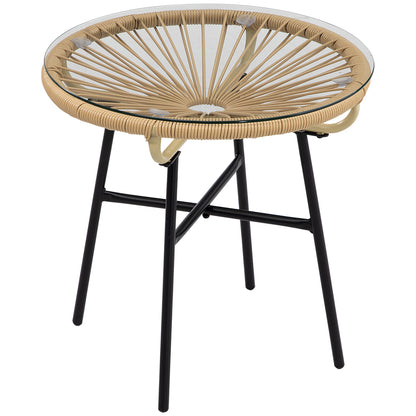 Side Table made of PE Rattan Round Coffee Table with Glass Tabletop Tray Garden Table Patio Furniture Coffee Table Sofa Table Bistro Table for Garden Terrace Balcony, 50 x 50 x 50 cm, Beige