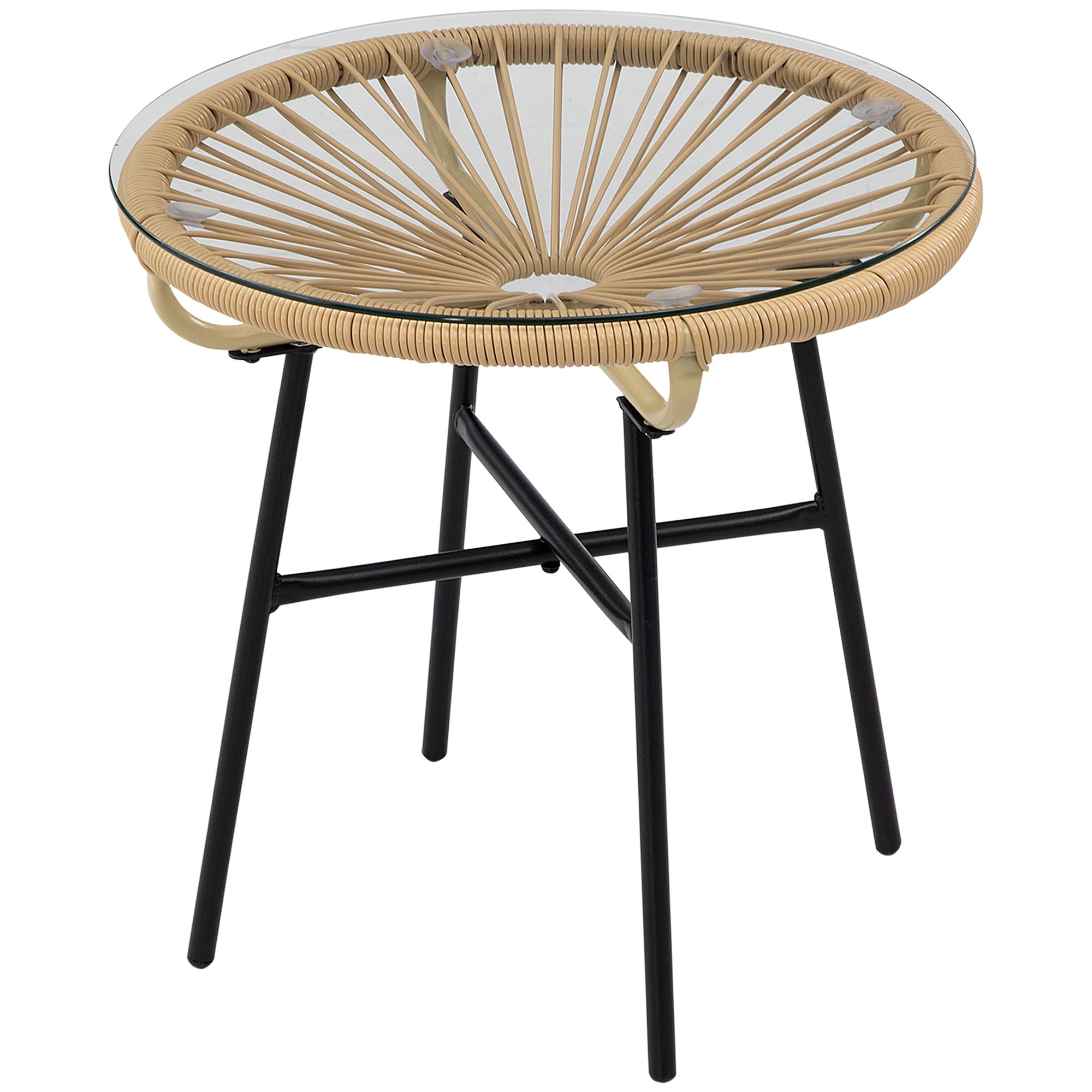 Side Table made of PE Rattan Round Coffee Table with Glass Tabletop Tray Garden Table Patio Furniture Coffee Table Sofa Table Bistro Table for Garden Terrace Balcony, 50 x 50 x 50 cm, Beige