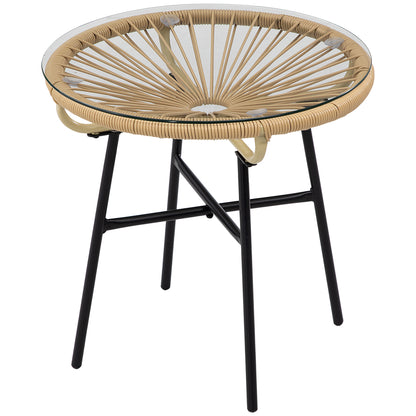 Side Table made of PE Rattan Round Coffee Table with Glass Tabletop Tray Garden Table Patio Furniture Coffee Table Sofa Table Bistro Table for Garden Terrace Balcony, 50 x 50 x 50 cm, Beige