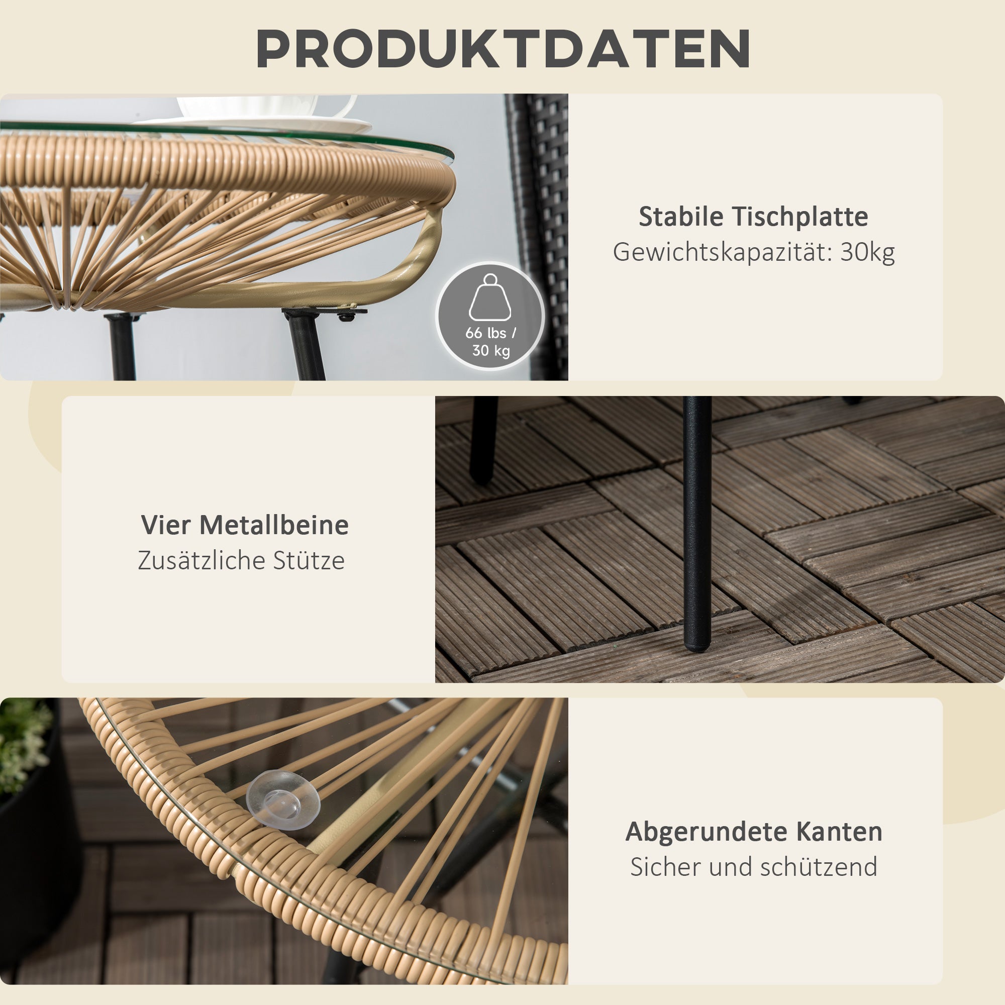 Side Table made of PE Rattan Round Coffee Table with Glass Tabletop Tray Garden Table Patio Furniture Coffee Table Sofa Table Bistro Table for Garden Terrace Balcony, 50 x 50 x 50 cm, Beige