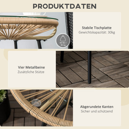 Side Table made of PE Rattan Round Coffee Table with Glass Tabletop Tray Garden Table Patio Furniture Coffee Table Sofa Table Bistro Table for Garden Terrace Balcony, 50 x 50 x 50 cm, Beige