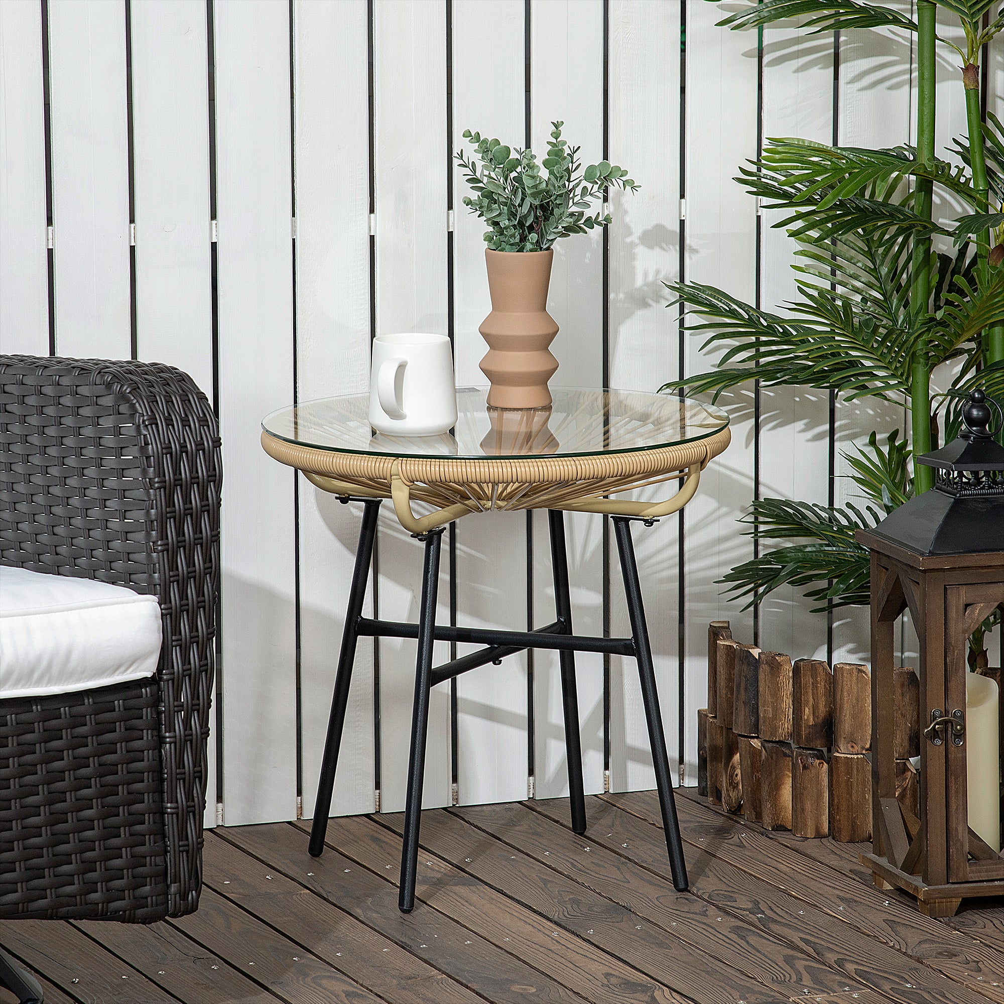 Side Table made of PE Rattan Round Coffee Table with Glass Tabletop Tray Garden Table Patio Furniture Coffee Table Sofa Table Bistro Table for Garden Terrace Balcony, 50 x 50 x 50 cm, Beige