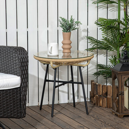 Side Table made of PE Rattan Round Coffee Table with Glass Tabletop Tray Garden Table Patio Furniture Coffee Table Sofa Table Bistro Table for Garden Terrace Balcony, 50 x 50 x 50 cm, Beige
