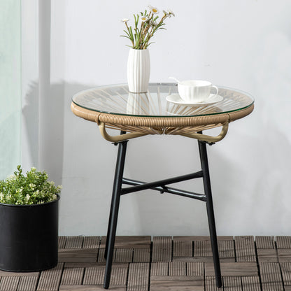 Side Table made of PE Rattan Round Coffee Table with Glass Tabletop Tray Garden Table Patio Furniture Coffee Table Sofa Table Bistro Table for Garden Terrace Balcony, 50 x 50 x 50 cm, Beige
