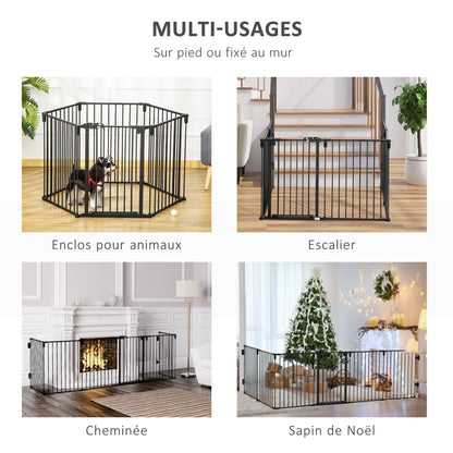Safety Barrier Fireplace Protection Barrier Pet Playpen Modular Foldable 6 Panels with Door No Drilling 362.5 x 76 cm Black