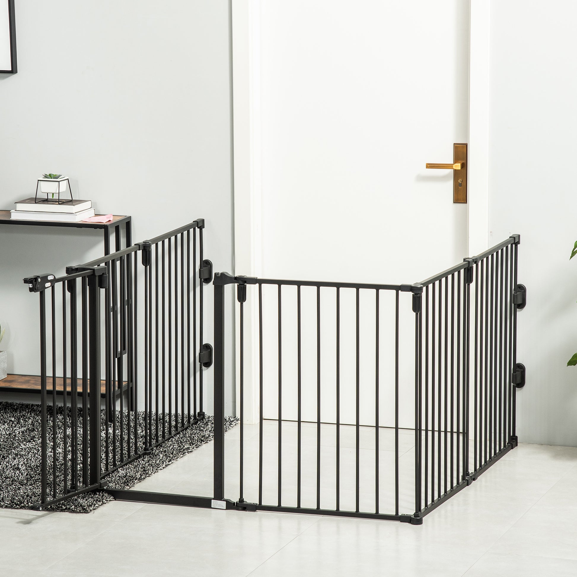 Safety Barrier Fireplace Protection Barrier Pet Playpen Modular Foldable 6 Panels with Door No Drilling 362.5 x 76 cm Black