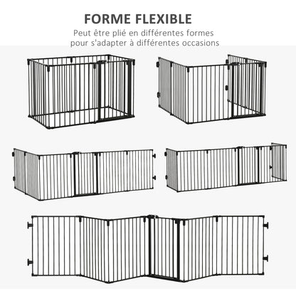 Safety Barrier Fireplace Protection Barrier Pet Playpen Modular Foldable 6 Panels with Door No Drilling 362.5 x 76 cm Black