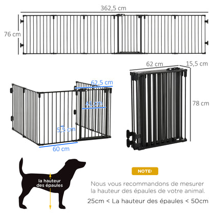 Safety Barrier Fireplace Protection Barrier Pet Playpen Modular Foldable 6 Panels with Door No Drilling 362.5 x 76 cm Black
