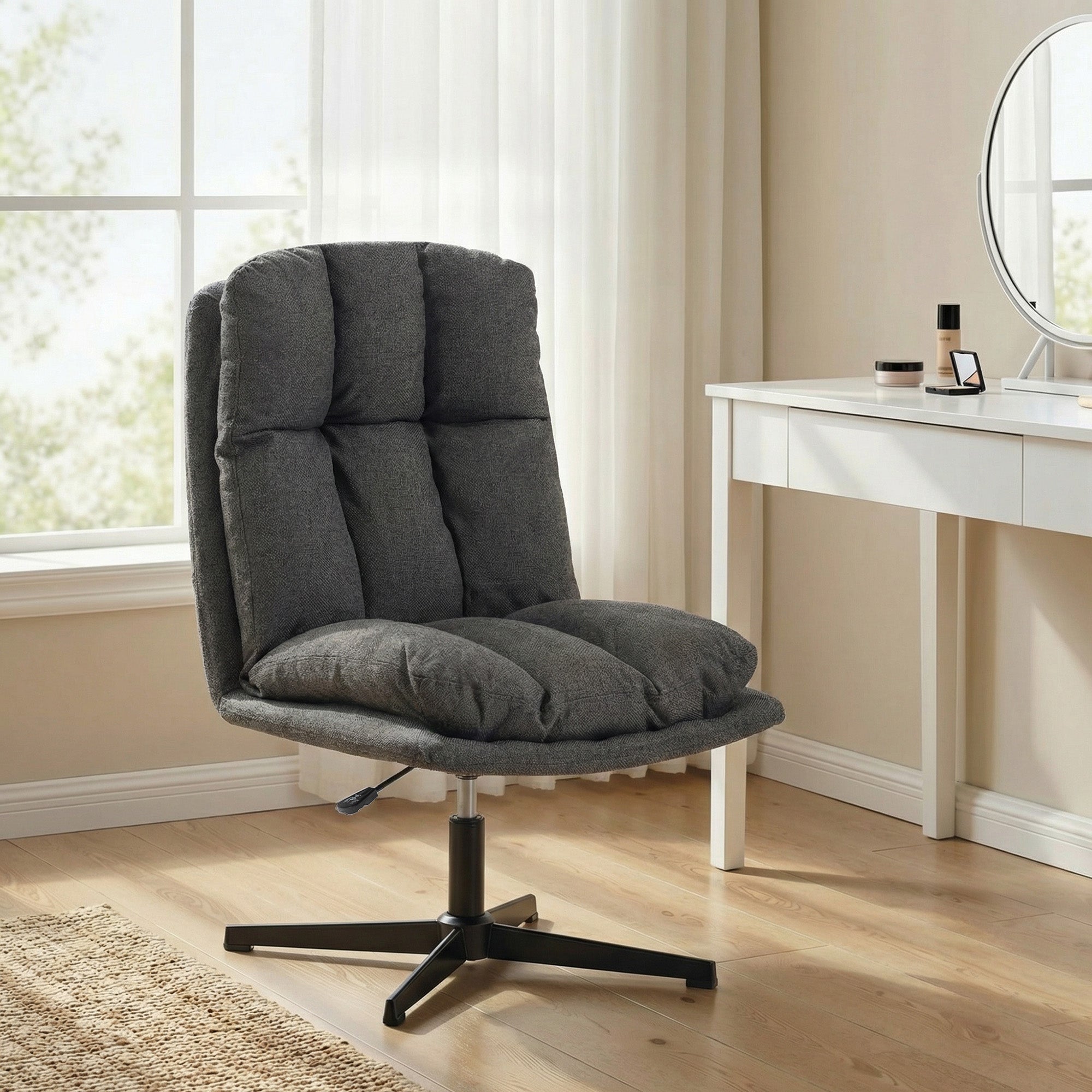 Swivel, Height-Adjustable Lounge Chair with Wide Seat for Living Room — Padded Linen-Look Accent Chair with Metal Legs, Armless Reading Chair, Dark Grey