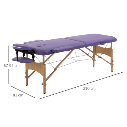 Folding Massage Table 210x81 cm Professional Beauty Bed with Removable Headrest 2 Zones Handle and Wooden Frame with Adjustable Height and Purple Carrying Bag