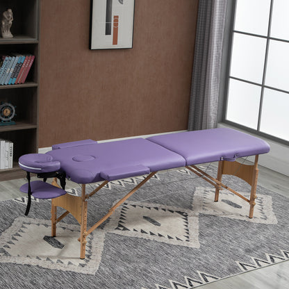 Folding Massage Table 210x81 cm Professional Beauty Bed with Removable Headrest 2 Zones Handle and Wooden Frame with Adjustable Height and Purple Carrying Bag