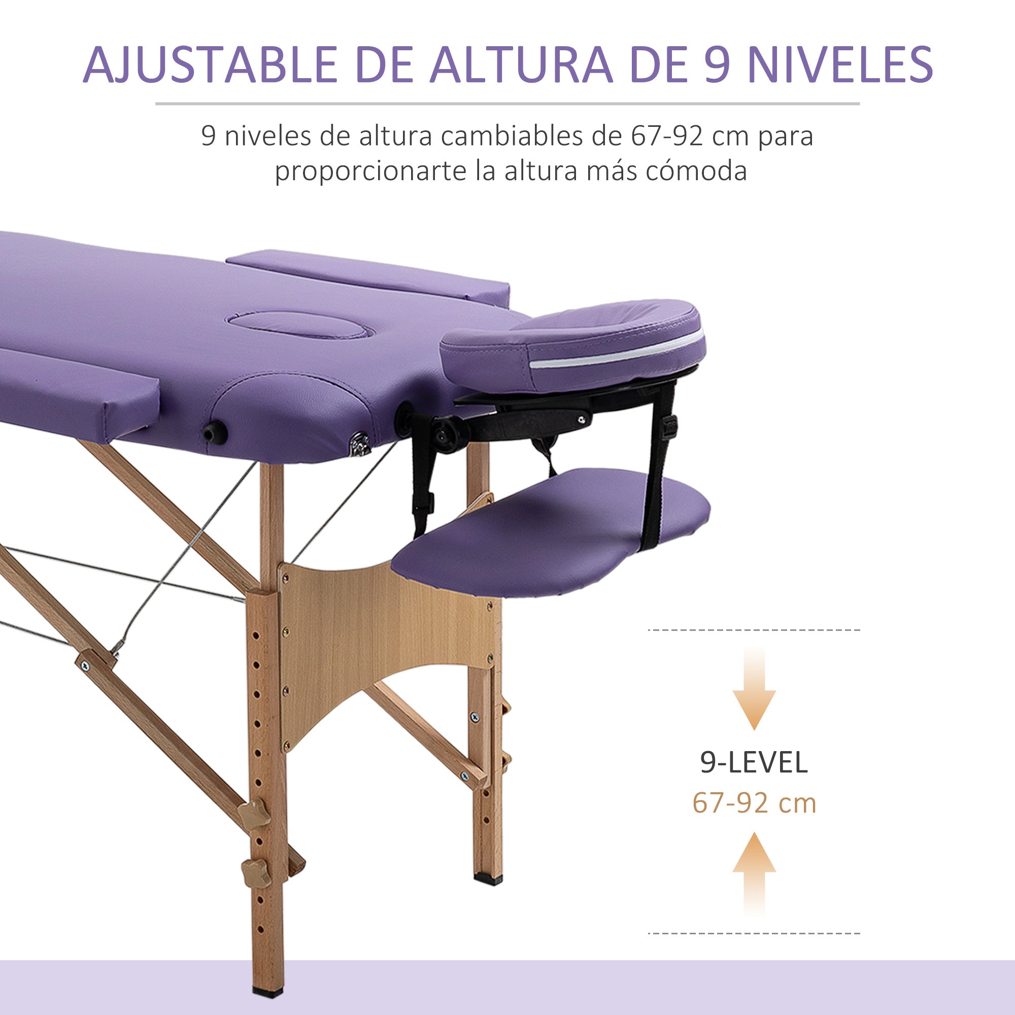 Folding Massage Table 210x81 cm Professional Beauty Bed with Removable Headrest 2 Zones Handle and Wooden Frame with Adjustable Height and Purple Carrying Bag