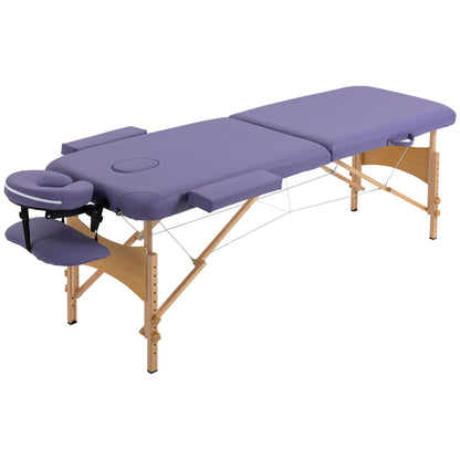 Folding Massage Table 210x81 cm Professional Beauty Bed with Removable Headrest 2 Zones Handle and Wooden Frame with Adjustable Height and Purple Carrying Bag