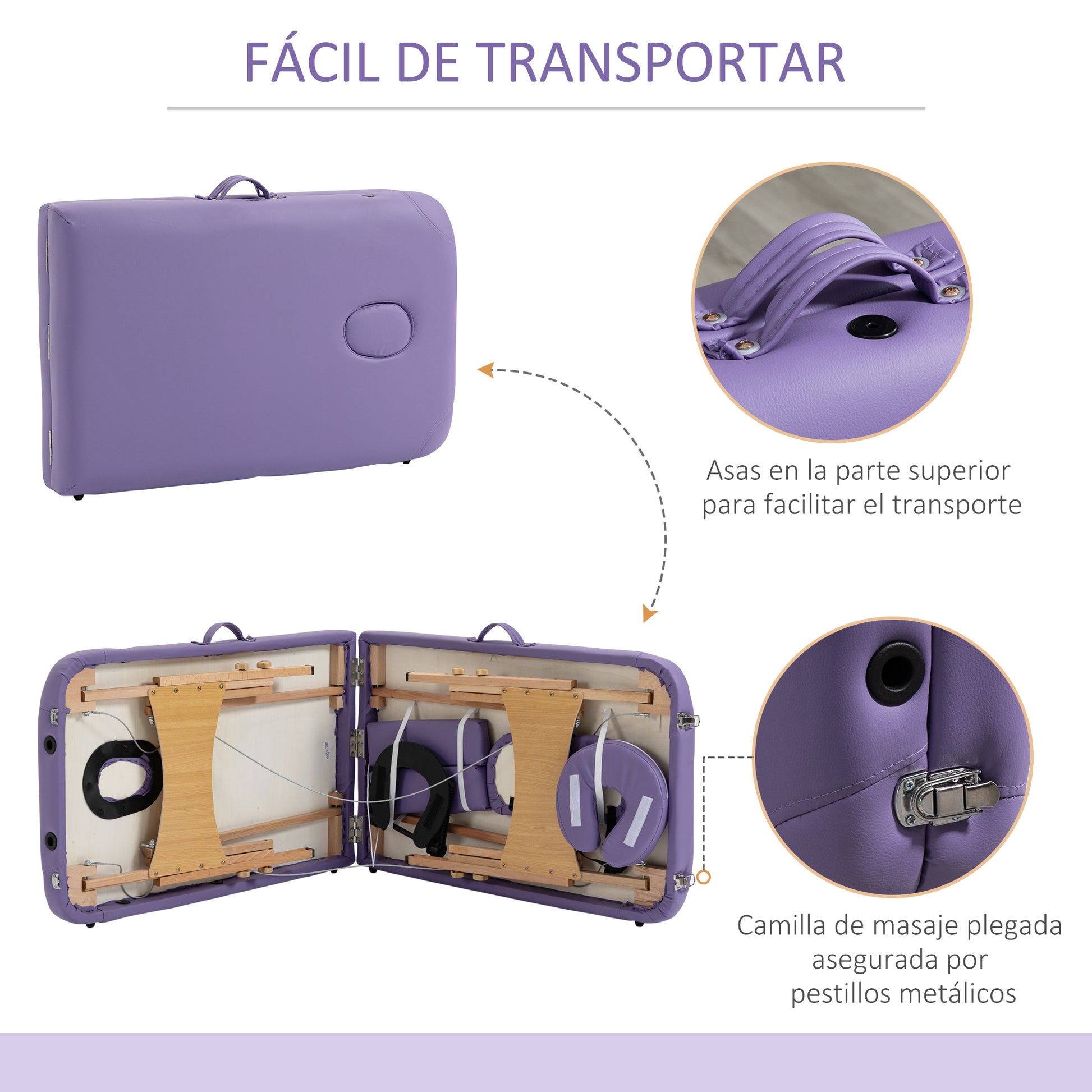Folding Massage Table 210x81 cm Professional Beauty Bed with Removable Headrest 2 Zones Handle and Wooden Frame with Adjustable Height and Purple Carrying Bag