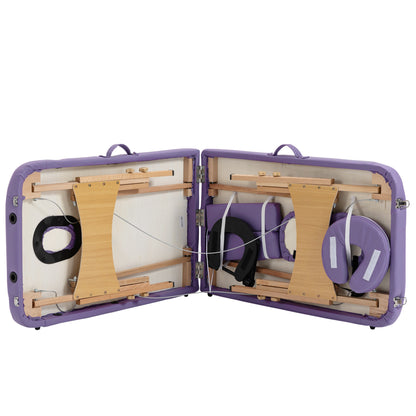 Folding Massage Table 210x81 cm Professional Beauty Bed with Removable Headrest 2 Zones Handle and Wooden Frame with Adjustable Height and Purple Carrying Bag