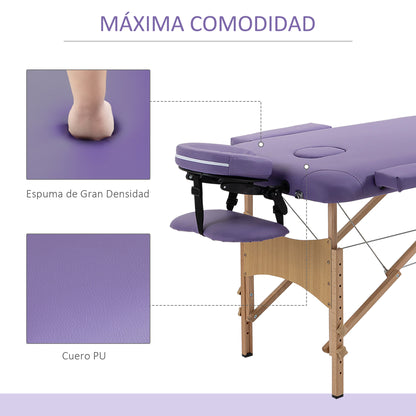 Folding Massage Table 210x81 cm Professional Beauty Bed with Removable Headrest 2 Zones Handle and Wooden Frame with Adjustable Height and Purple Carrying Bag