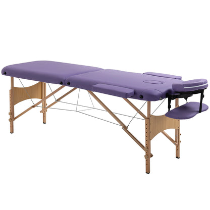 Folding Massage Table 210x81 cm Professional Beauty Bed with Removable Headrest 2 Zones Handle and Wooden Frame with Adjustable Height and Purple Carrying Bag
