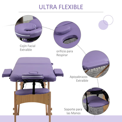 Folding Massage Table 210x81 cm Professional Beauty Bed with Removable Headrest 2 Zones Handle and Wooden Frame with Adjustable Height and Purple Carrying Bag