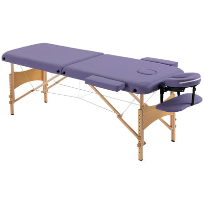 Folding Massage Table 210x81 cm Professional Beauty Bed with Removable Headrest 2 Zones Handle and Wooden Frame with Adjustable Height and Purple Carrying Bag