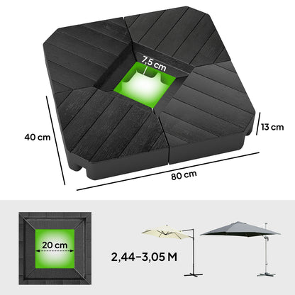 Umbrella Stand 4-Piece Umbrella Weight Wood-look, Cantilever Umbrella Stand, Ground Cross Fillable with Sand/Water up to 20/15 kg Cantilever Umbrella Stand Weights Umbrella Base HDPE Black