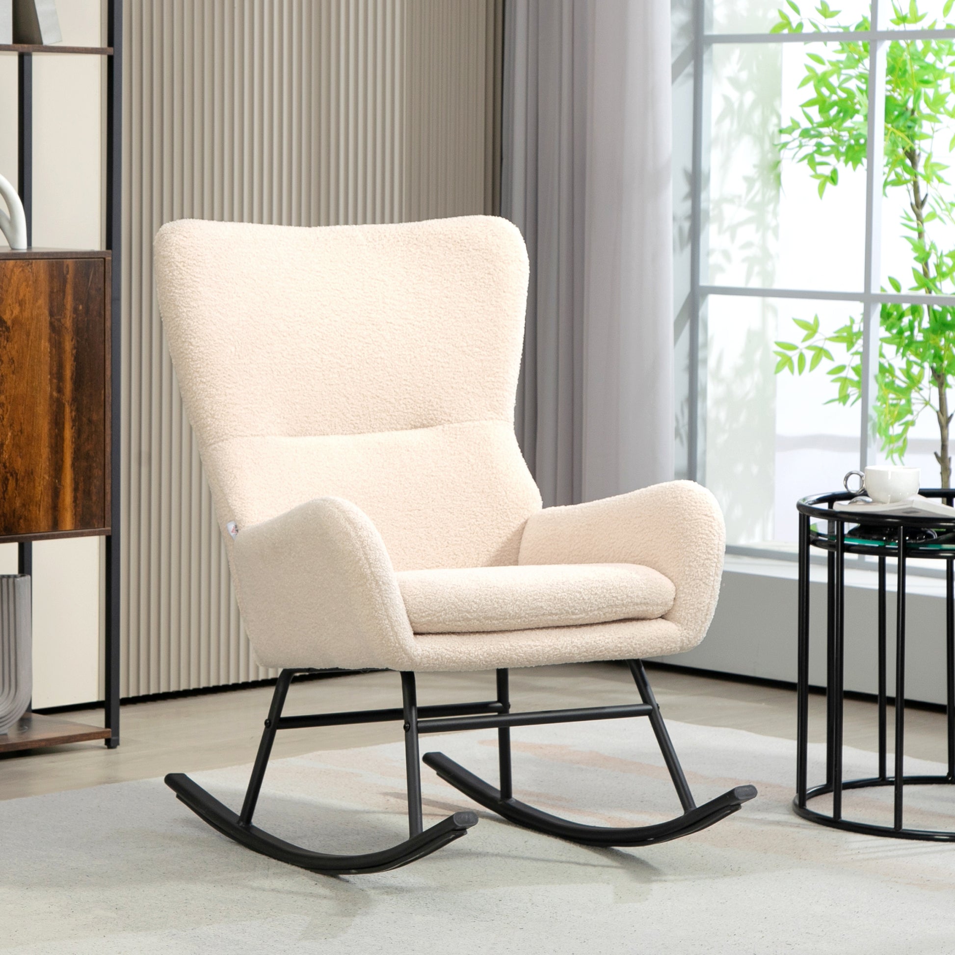 Rocking Chair, Rocking Chair, with 10 cm Thick Seat, Curved Steel Legs, 120 kg Weight Capacity, for Living Room, Bedroom, Balcony, Beige and Black