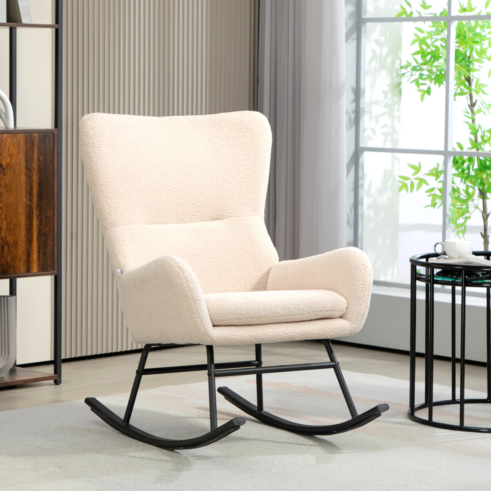Rocking Chair, Rocking Chair, with 10 cm Thick Seat, Curved Steel Legs, 120 kg Weight Capacity, for Living Room, Bedroom, Balcony, Beige and Black