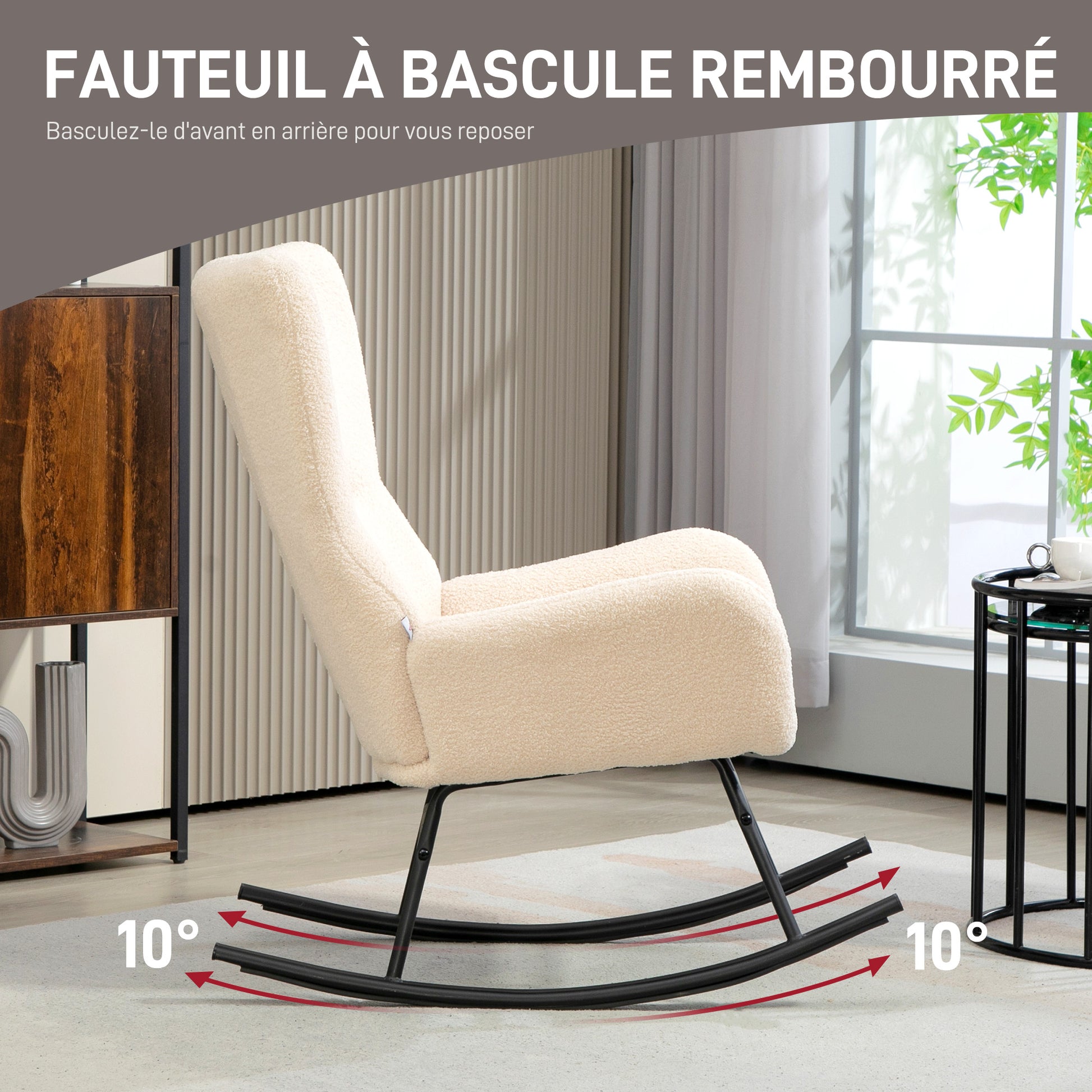 Rocking Chair, Rocking Chair, with 10 cm Thick Seat, Curved Steel Legs, 120 kg Weight Capacity, for Living Room, Bedroom, Balcony, Beige and Black