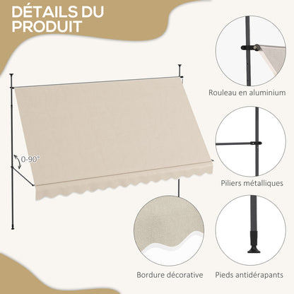 Self-supporting manual awning retractable sun protection 3.5L x 1.2W x 2.1-3H m Adjustable tilt for balcony without drilling Metal Aluminum Polyester Sand