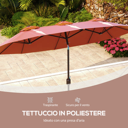 Double Garden Umbrella Tilted at 45° with Crank and 3 Air Vents, Outdoor Umbrella in Steel and Polyester, 295x152x222 cm, Rust Red