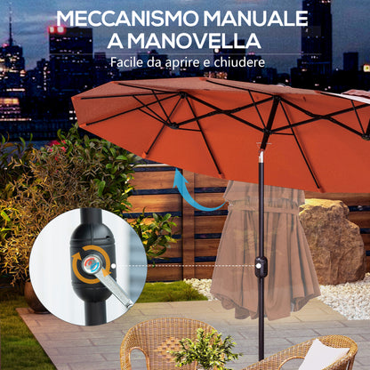Double Garden Umbrella Tilted at 45° with Crank and 3 Air Vents, Outdoor Umbrella in Steel and Polyester, 295x152x222 cm, Rust Red