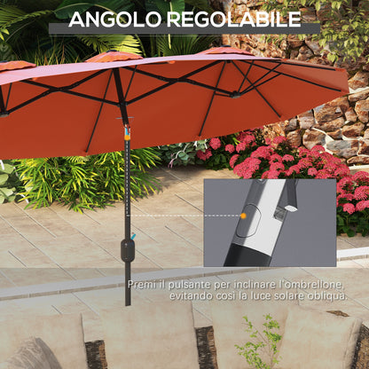 Double Garden Umbrella Tilted at 45° with Crank and 3 Air Vents, Outdoor Umbrella in Steel and Polyester, 295x152x222 cm, Rust Red