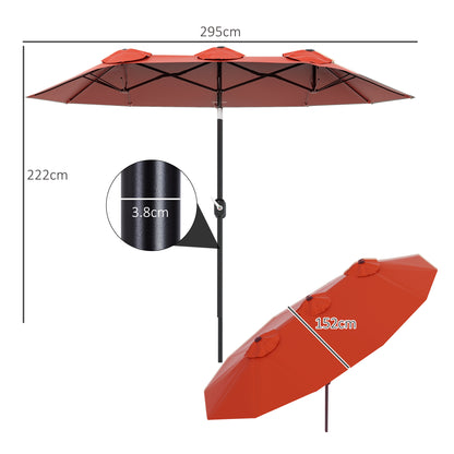 Double Garden Umbrella Tilted at 45° with Crank and 3 Air Vents, Outdoor Umbrella in Steel and Polyester, 295x152x222 cm, Rust Red