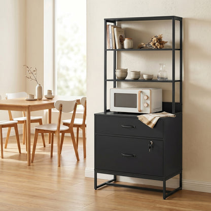 Filing Cabinet Office Storage with Bookshelf for A4, Letter & Legal Files, 2 Drawers, Printer Stand, Black