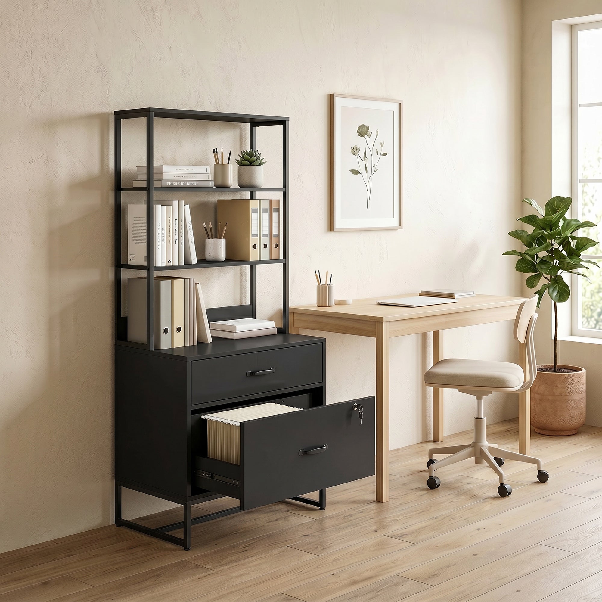 Filing Cabinet Office Storage with Bookshelf for A4, Letter & Legal Files, 2 Drawers, Printer Stand, Black