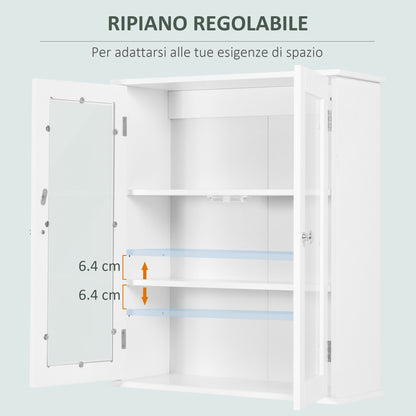 Bathroom Cabinet Wall Mounted Cabinet 2 Doors Made of Wood and Glass, Wall-Mounted Multi-Function Cabinet with Adjustable Shelf and Magnetic Lock, 55x20x65 cm, White